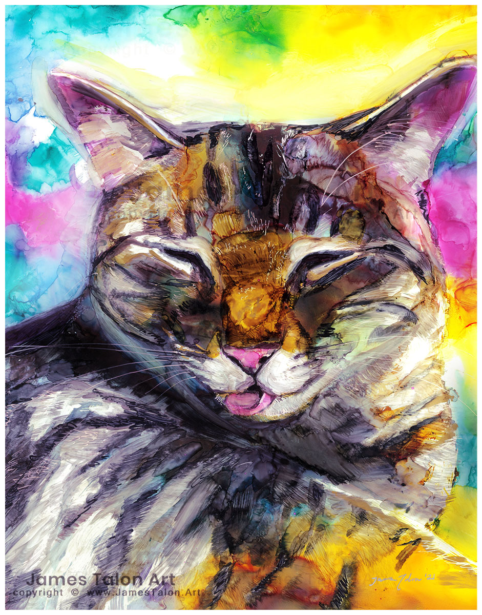 Stevie's Next Job Could Be In Cyber, Cat Painting, 2024 Bold Colourful Illustration, Giclee Print, Folk Art